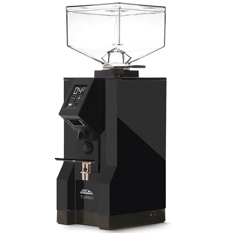 A matt black espresso grinder with a touch display and small hopper, shown from the front.
