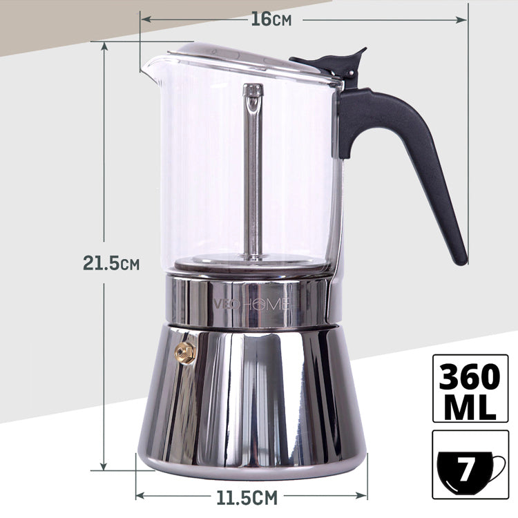 VeoHome Espresso maker Glass and Stainless Steel Moka pot Coffee Maker 12.17 oz